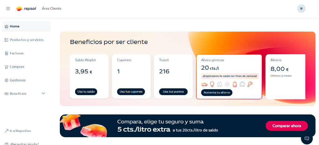 Captura del panel de Beneficios en el Área de Cliente de Repsol
