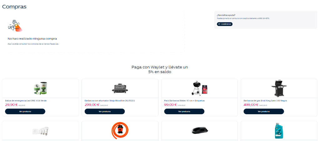 Captura de la sección Compras con el 5% de saldo de regalo en Repsol Vivit