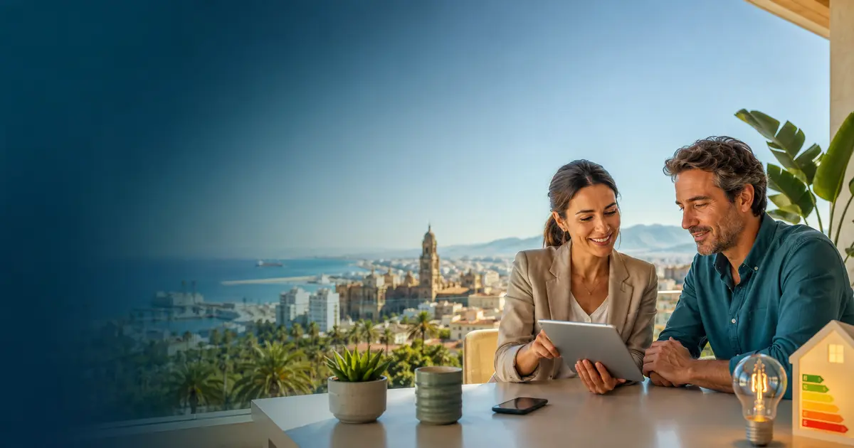 Asesora de energía revisando una factura con un cliente ante una vista de Málaga