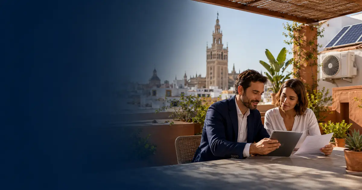 Asesor de energía revisando el consumo con una clienta en una azotea de Sevilla