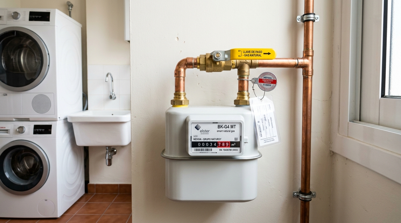 Instalación técnica de gas natural con contador doméstico, llave de corte amarilla y precinto oficial