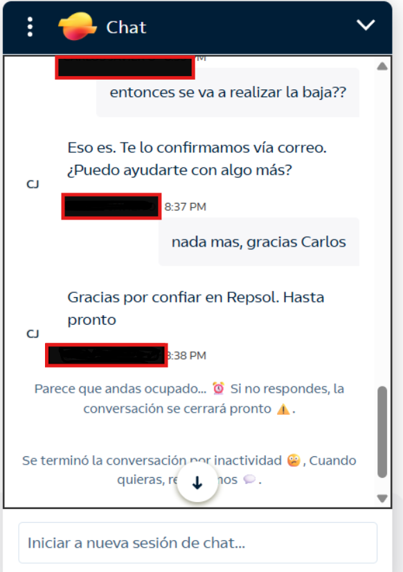 Paso 2: Confirmación de baja con el agente humano de Repsol